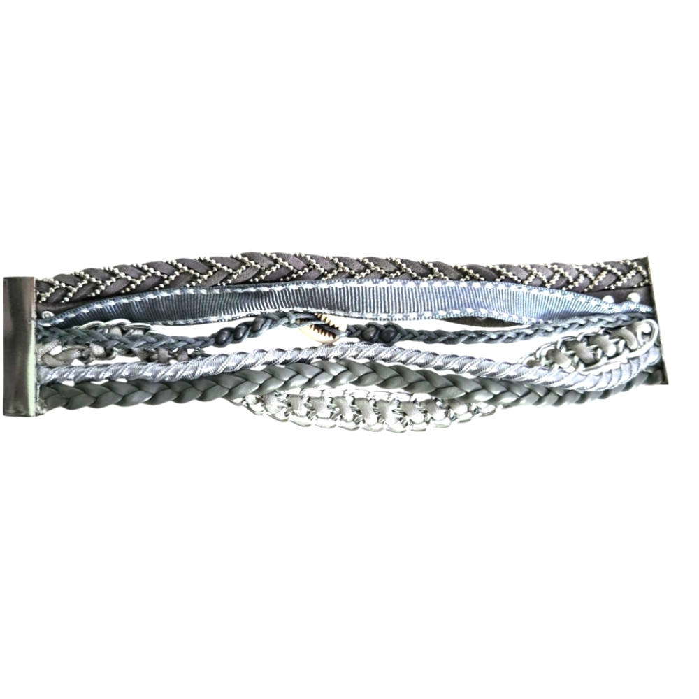 Mixed Media Multi Strand Boho Cuff Bracelet Silver Tone